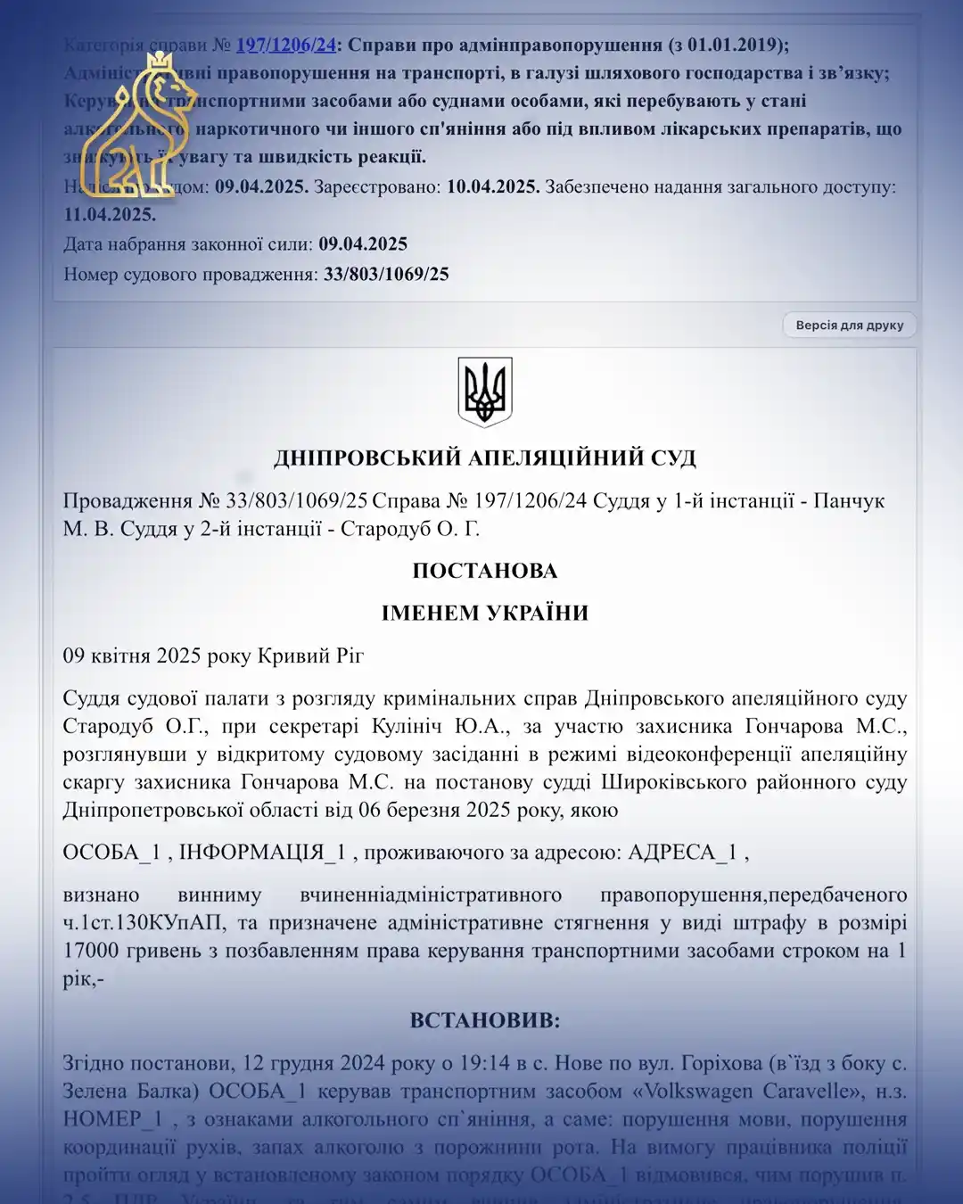 vyhraly apeliatsiiu st 130 ohliad na stan spianinnia provedeno z porushenniam