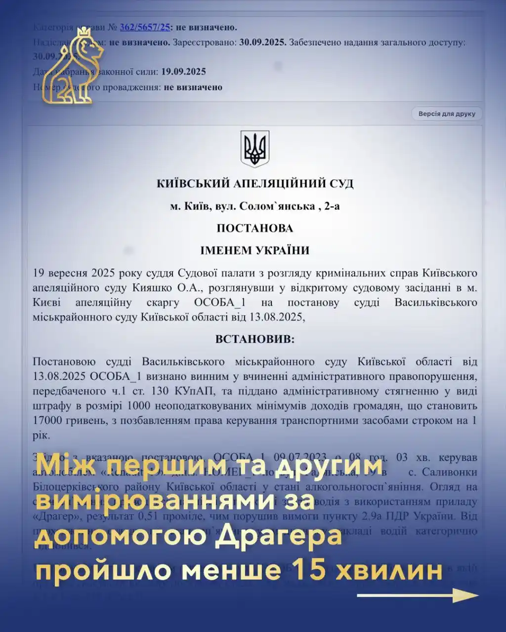 porushennia instruktsii drahera apeliatsiinyi sud skasuvav 130