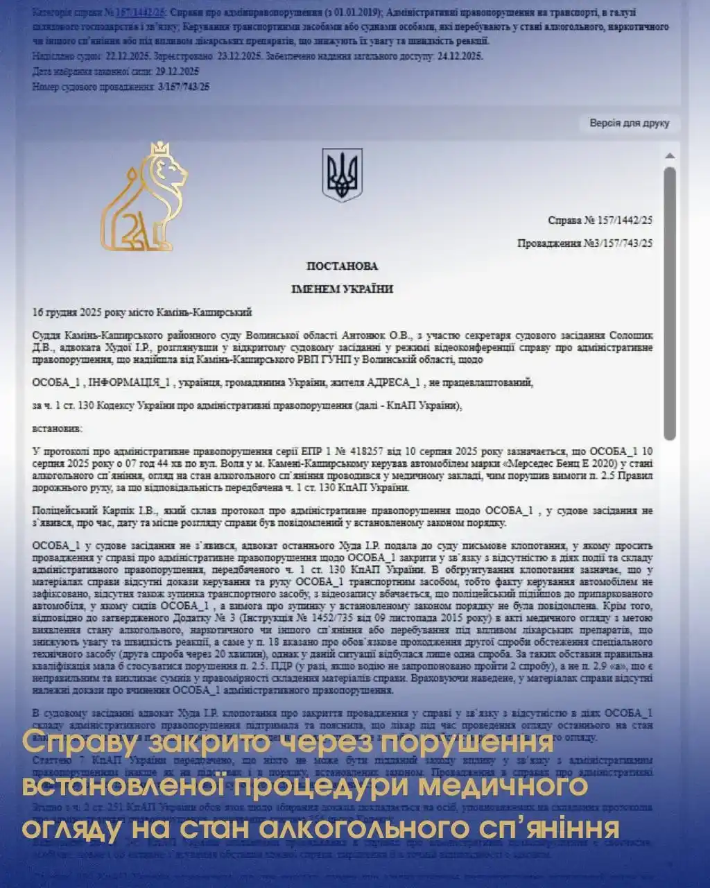 porusheno protseduru ohliadu vodiia na stan spianinnia